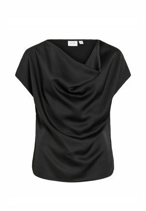 Czarna jedwabista bluzka bez rękawów z marszczonym dekoltem w kształcie kaptura i luźnym fasonem, oznaczona marką VILA.