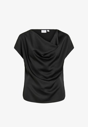 Čierna hodvábna blúzka bez rukávov s drapériou na výstrihu a voľným strihom, značka VILA.