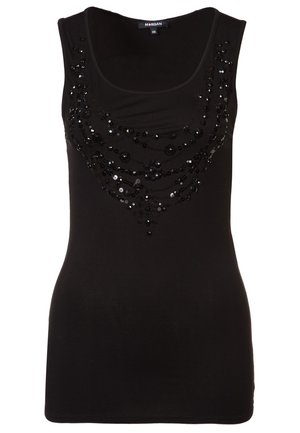 Czarny bezrękawnik z dekoltem typu woda, ozdobiony czarnymi cekinami i wzorami z koralików na klatce piersiowej.