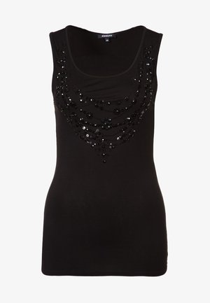 Débardeur noir sans manches à encolure dégagée, orné de sequins noirs et de motifs de perles sur la poitrine.