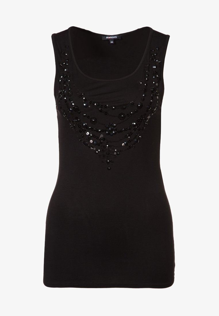 Débardeur noir sans manches à encolure dégagée, orné de sequins noirs et de motifs de perles sur la poitrine.