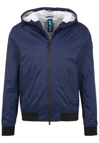 Giacca con cappuccio blu navy con zip frontale, due tasche laterali, polsini e orlo a costine neri, e foderata in rete bianca.