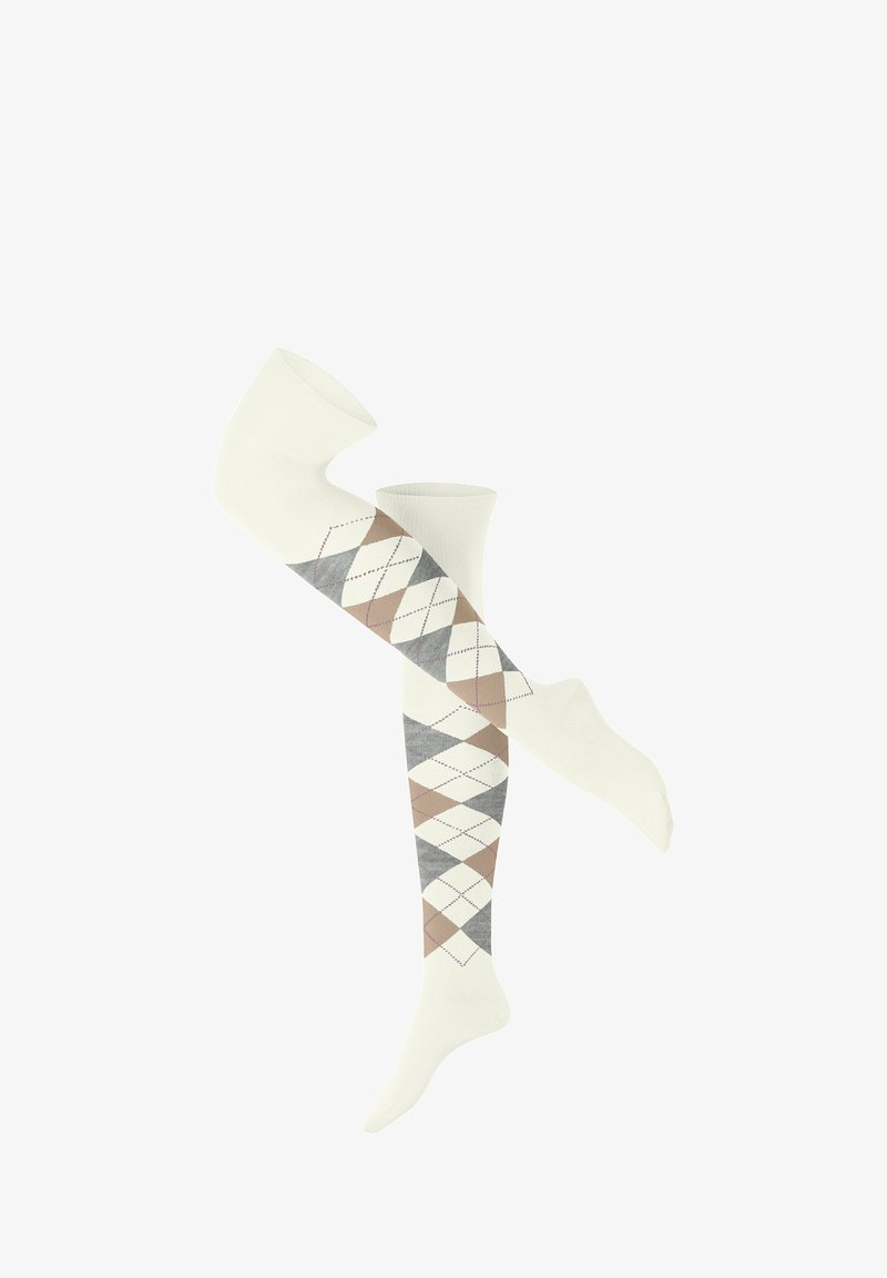 Kniestrümpfe in hellem Elfenbein mit einem gemusterten Design, das graue, braune und weiße Argyle-Rauten und kontrastierende Zehen- und Fersenakzente zeigt.