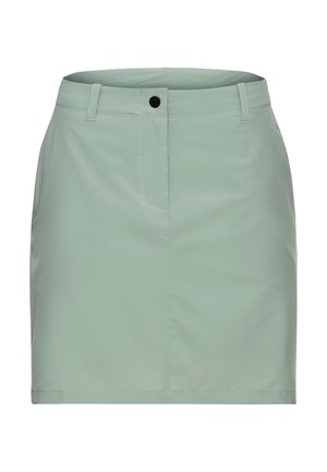 Gonna verde chiaro al ginocchio con passanti per cintura, chiusura con bottoni neri e design frontale pulito su sfondo bianco.