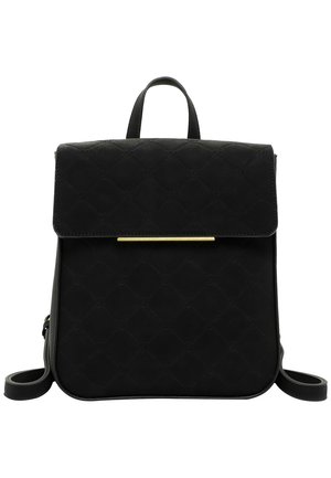 Black leather backpack with quilted diamond pattern, top handle, flap closure with slim gold bar detail, and adjustable shoulder straps.