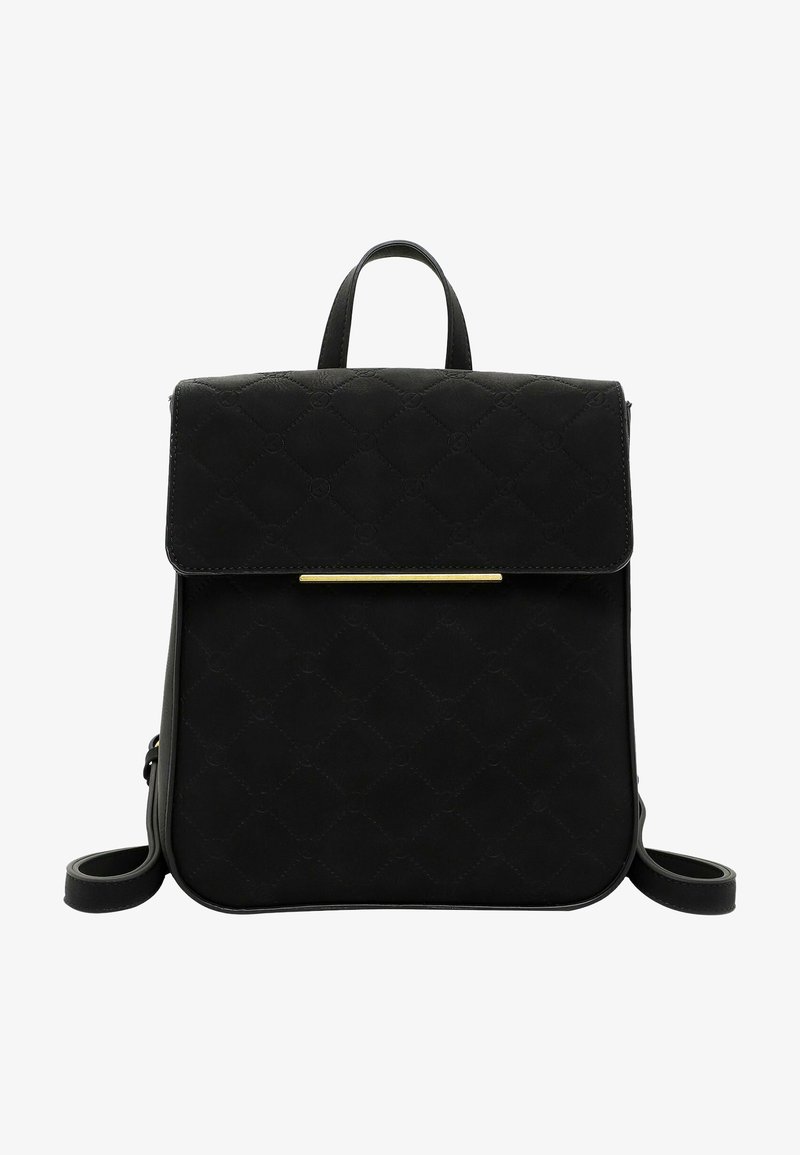 Sac à dos en cuir noir avec motif matelassé en losange, poignée supérieure, fermeture à rabat avec détail d'une fine barre dorée, et bretelles réglables.