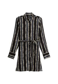 Zwart-wit gestreepte shirtjurk met lange mouwen, knoopsluiting aan de voorkant en een bijpassende riem. Gemaakt van een lichte, gladde stof.