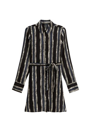 Black and white striped shirt dress with long sleeves, button-down front, and a matching belt. Made from a lightweight, smooth fabric.