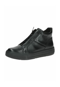 Baskets montantes en cuir noir avec une texture lisse, dotées d'un design à lacets, d'une semelle en caoutchouc et d'accents minimalistes.