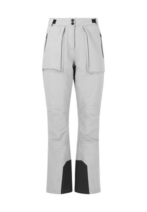Hellgraue Hose mit lockerer Passform, verstärkten schwarzen Akzenten am Saum, mehreren Fronttaschen und sichtbaren Nähdetails.