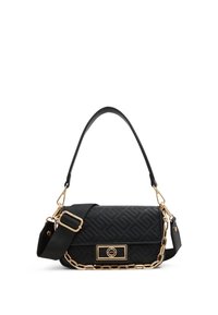 Borsa nera con una texture geometrica, accenti in hardware dorato e doppie opzioni di trasporto con catena e tracolla regolabile.