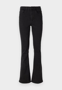 Melnas denim flared džinsus ar augstu jostasvietu, ar piecām kabatām un izturīgu pogu aizdari. Gluda tekstūra ar nelielu elastīgumu.