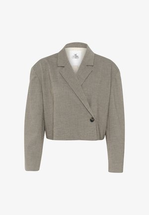 Sacou gri scurt dintr-un material texturat, cu design dublu-îmbrăcat, rever decupat și închidere cu un singur buton negru.