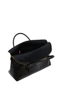 Svart strukturert läderväska med dragkedjestängning, guldfärgade detaljer och tygfoder. Öppna design med rymligt inre och dubbla handtag.