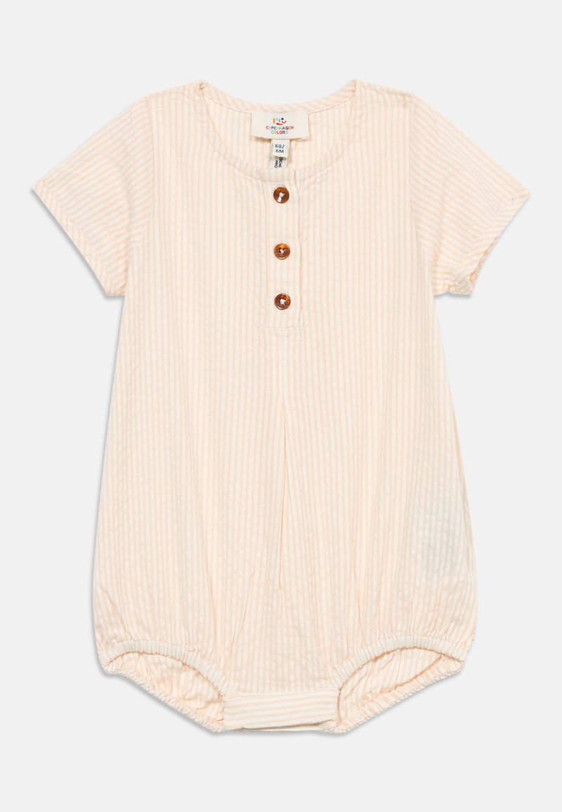 Βρεφικό φορμάκι με κοντά μανίκια και αχνές κάθετες ροδακινί ρίγες, με τρία καφέ κουμπιά στο στήθος και ελαστικές ανοίγματα στα πόδια.