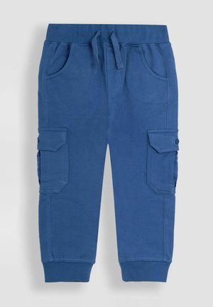 Pantaloni cargo in cotone blu con vita elastica, coulisse, due tasche laterali e due tasche cargo con chiusure a bottone.