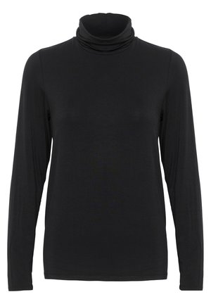 Czarna, długosleeve, dopasowana koszulka z golfem, wykonana z gładkiego materiału, z wygiętym kołnierzem i bez widocznych wzorów czy akcentów.