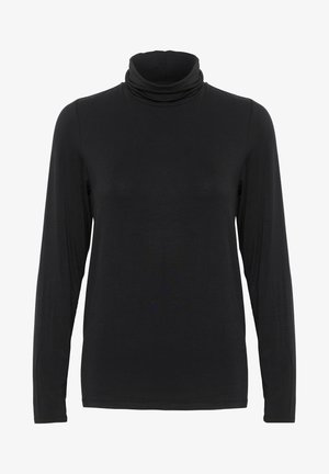 Must tumesandiga musta turtleneck-särgi pikkade varrukatega, millel on voolujooneline disain, valmistatud siledast kangast, millel on langev krae ja ei ole nähtavaid mustreid ega aktsente.