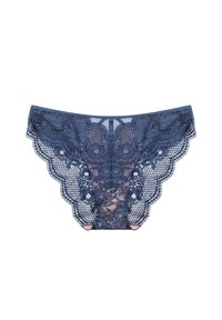 Granatowe koronkowe majtki z misternymi wzorami kwiatowymi, falbany na brzegach i półprzezroczystą teksturą, z centralnym wycięciem.