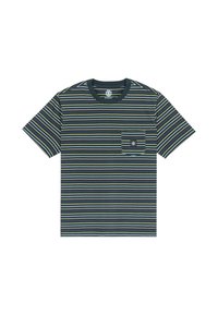Striped short-sleeve t-shirt in navy blue, with green and yellow stripes, featuring a left chest pocket and a logo patch. Cotton material.