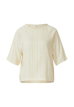 Roomkleurig kort mouwen blouse met subtiele verticale textuur en een ronde hals, losse pasvorm en raglanmouwen.