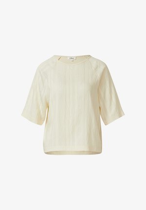 Roomkleurig kort mouwen blouse met subtiele verticale textuur en een ronde hals, losse pasvorm en raglanmouwen.