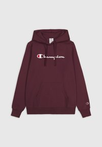 Burgundy hoodie med kenguruficka, dragsko till huva och broderad vit "Champion"-logotyp på framsidan. Mudden har logotypmärke.