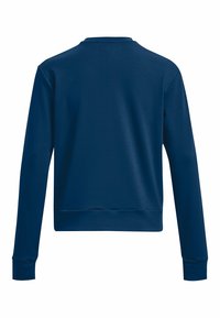 Sweatshirt bleu marine avec un col rond, des manches longues et des poignets côtelés. Texture lisse et couleur unie, sans motifs ni accents.