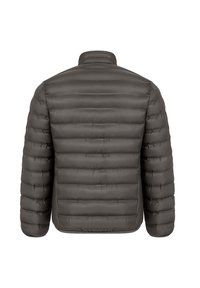 Szary ocieplany płaszcz, pikowany wzór w poziome paski, wysoki kołnierz, długie rękawy, charakteryzujący się gładką, błyszczącą teksturą.