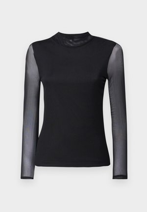 Maglietta nera a maniche lunghe con collo alto; tessuto solido sul corpo e maniche in rete trasparente; texture liscia; design aderente.