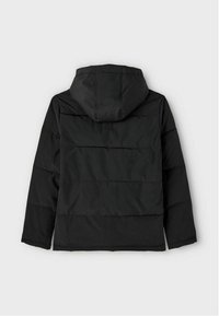 Doudoune noire avec capuche, présentant des panneaux matelassés, des manches longues et une texture lisse. Vue arrière, détails minimaux.