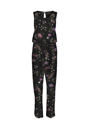 Sort ærmeløs heldragt med pink, lilla og hvidt blomsterprint og knaplukning i nøglehul på bagsiden af halsudskæringen.