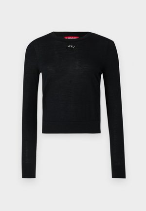 Sweater preto de mangas longas com decote redondo e um detalhe de botão decorativo na gola. Feito de um tecido leve e texturizado.