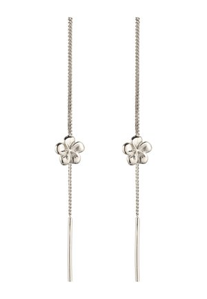 Boucles d'oreilles à chaîne en argent avec une petite fleur à cinq pétales et une fine barre verticale aux extrémités.
