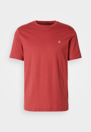 Red short-sleeve crewneck t-shirt with a small white "M O P" logo on the left chest against a plain gray background.