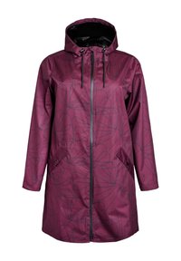 Chaqueta de lluvia burdeos resistente al agua, con capucha, patrón floral negro en línea, cremallera frontal y dos bolsillos laterales. Textura suave.