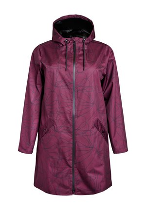 Water-resistant, burgundy rain jacket with a hood, black line floral pattern, front zipper, and two side pockets. Smooth texture.