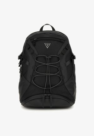 Sac à dos noir en nylon durable, présentant un design structuré, des accents en cordon élastique, une poche zippée et un logo de marque sur le devant.