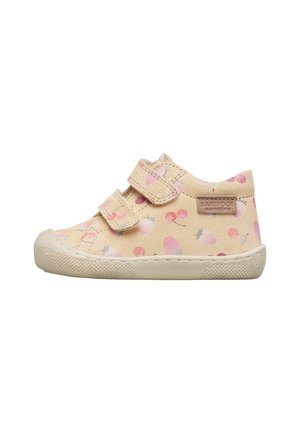 Beige toddler shoe with pink strawberry and cherry pattern, two Velcro straps, and "Barefoot Nature" label on the side.