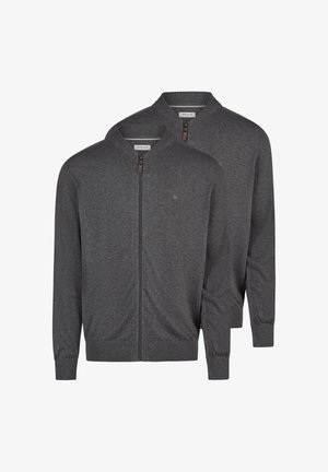 Dwa identyczne ciemnoszare kardigany na suwak z prążkowanymi mankietami i kołnierzem, ułożone jeden za drugim.