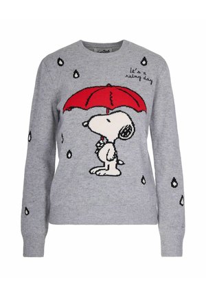 Pull en tricot gris avec un design de Snoopy, un parapluie rouge, des gouttes de pluie, et la phrase « C'est un jour de pluie » en texte noir.