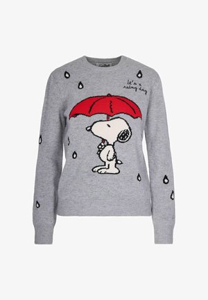 Pull en tricot gris avec un design de Snoopy, un parapluie rouge, des gouttes de pluie, et la phrase « C'est un jour de pluie » en texte noir.