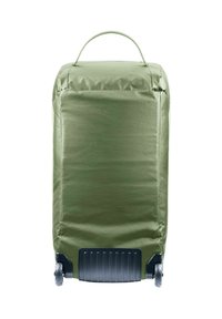 Groene stoffen rolkoffer met een rechthoekige vorm, een platte bovenkant en een duurzame basis. Voorzien van een handvat aan de bovenkant en soepele wielen voor mobiliteit.