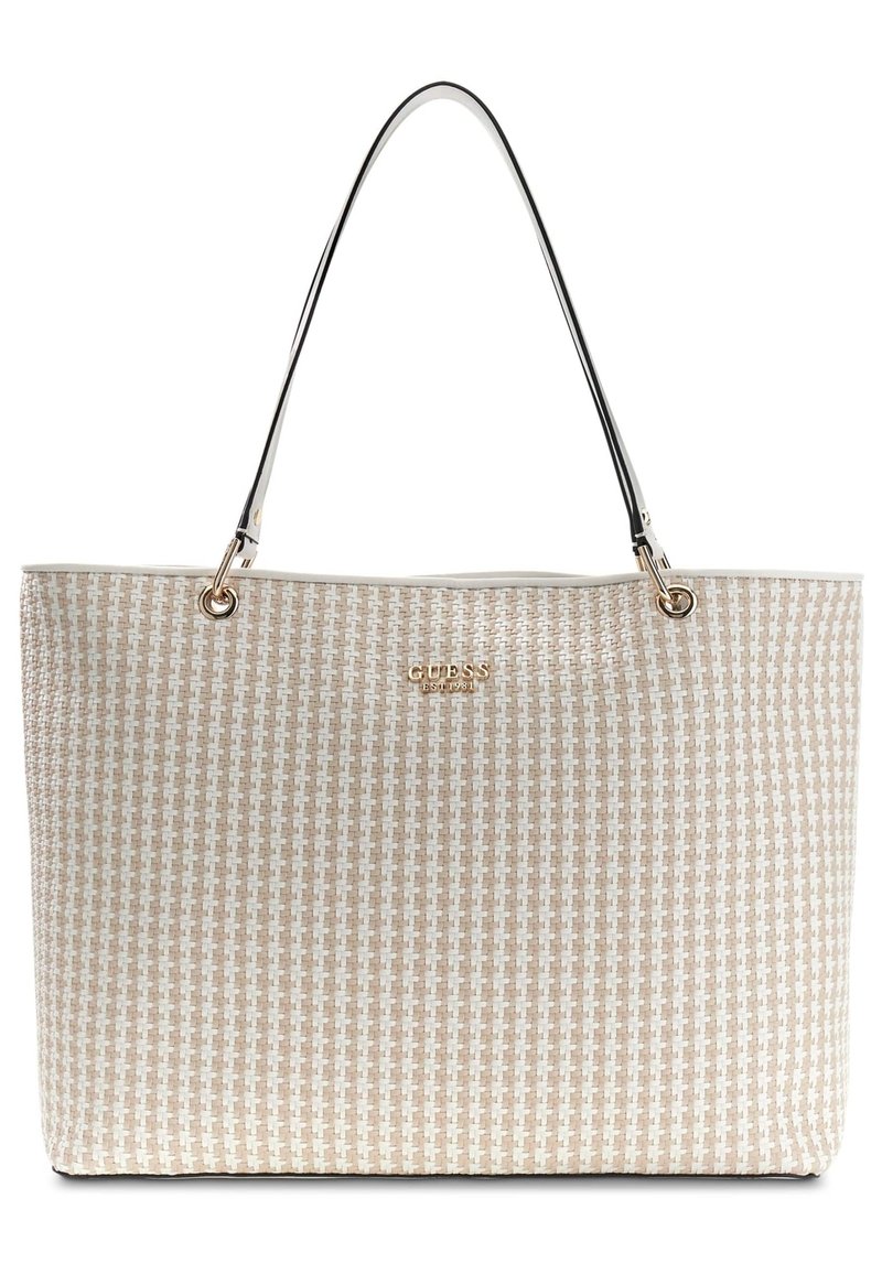 Sac fourre-tout tissé beige avec anses noires, accent logo doré et motif entrelacé texturé. Conception ouverte en haut pour un accès facile.