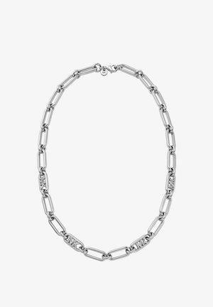 Culoare argintie a unui lănțișor de gât din metal, cu forme ovalate legate în mod alungit și accente gravate. Design minimalist cu un finisaj lustruit.