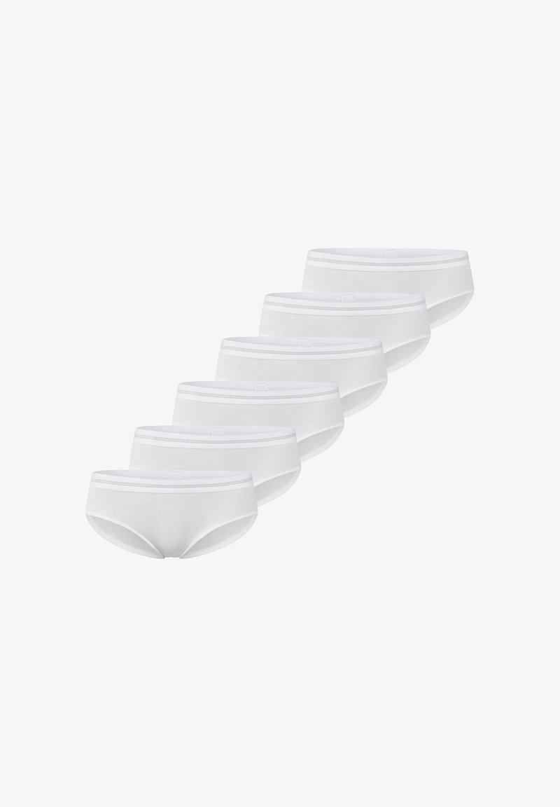 Set di biancheria intima in cotone bianco, caratterizzato da una texture a coste, una vita elastica e un design classico a slip, presentato in un pacco da sei.