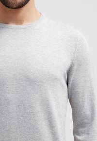 Maglione grigio chiaro a maglia con scollo a girocollo, polsini a coste e un sottile dettaglio testurizzato sulle cuciture delle spalle.