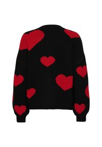 Svart stickad tröja med stora röda hjärtan genom hela. Designen har en rund halsringning och ribbade ärmslut med en avslappnad passform.