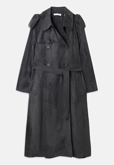 Long dark gray trench coat made of soft suede-like material with double breasted buttons, shoulder epaulettes, and a matching waist belt.