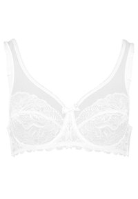 White bra with lace cups, ribbon bow detail at center, and smooth straps. Features a scalloped hem and sheer paneling for added texture.